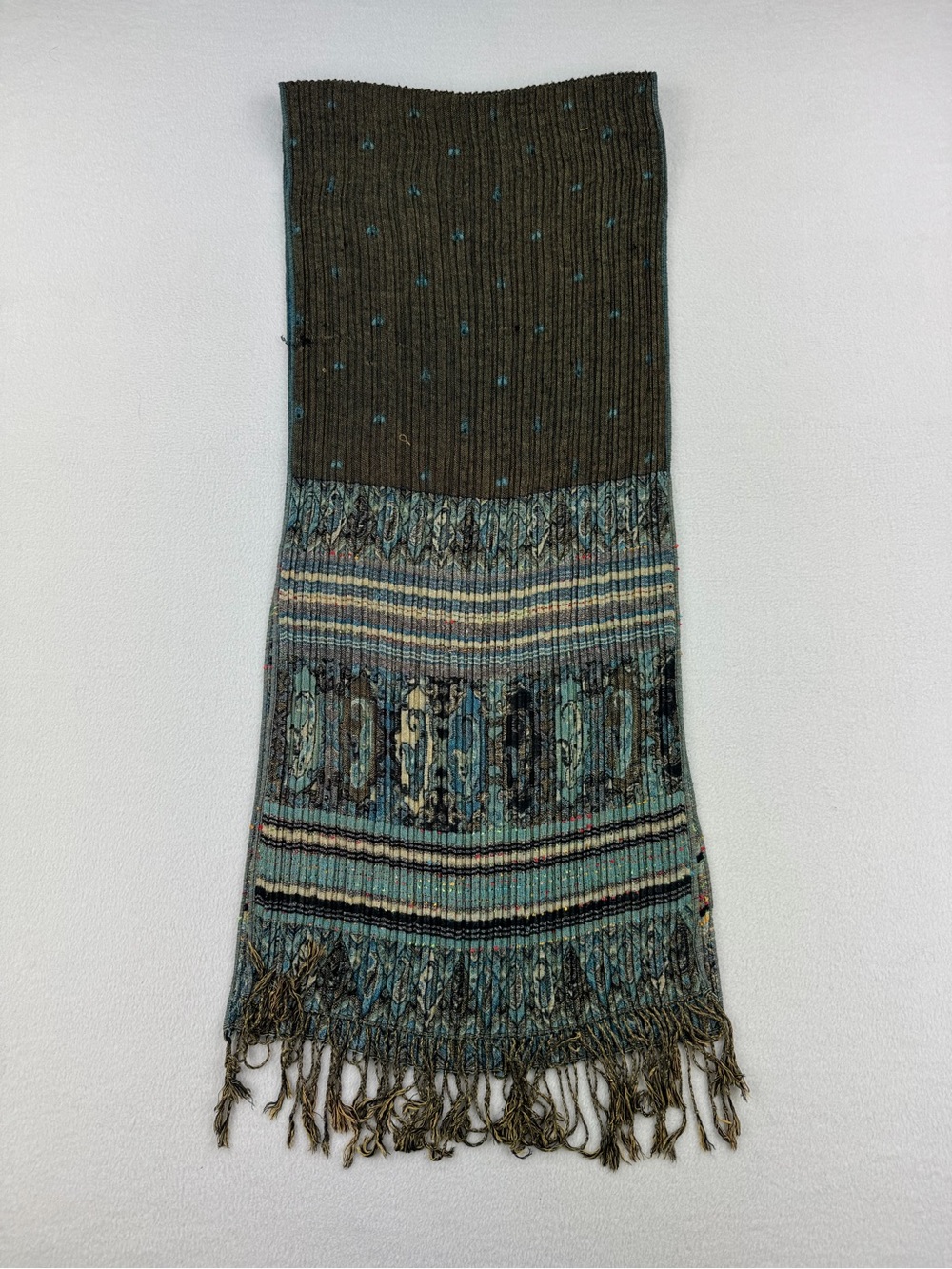 Vintage 90s Pashmina & Silk Blend Crinkle Scarf Wrap Stole Fringe Multicolored